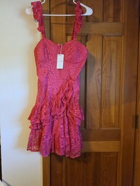 Ruffled Lace Mini Dress in Bright Pink